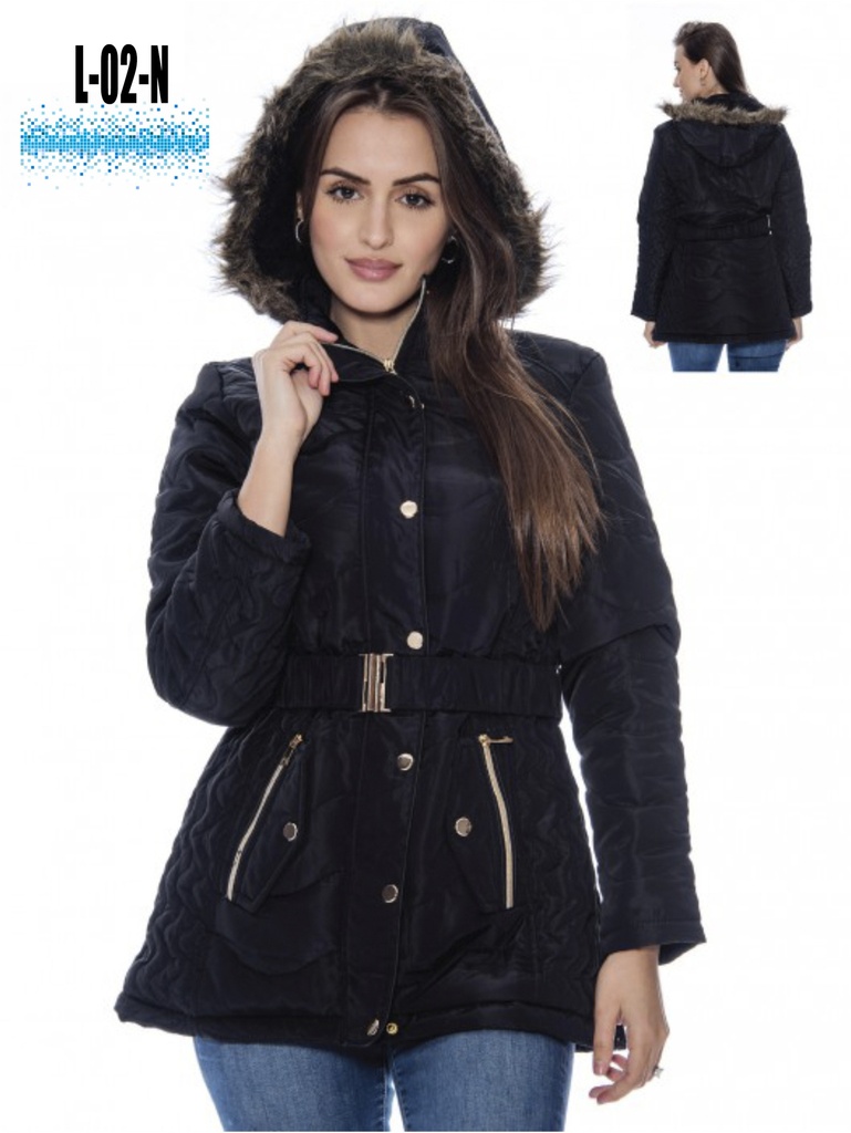 Chaqueta Acolchada con Cinturón y Capucha Negro para Mujer L-02-N