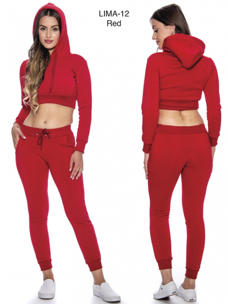 [200LIMA12RL] Women's Red Cropped Hoodie & Joggers Activewear Set Lima-12 Red (L)