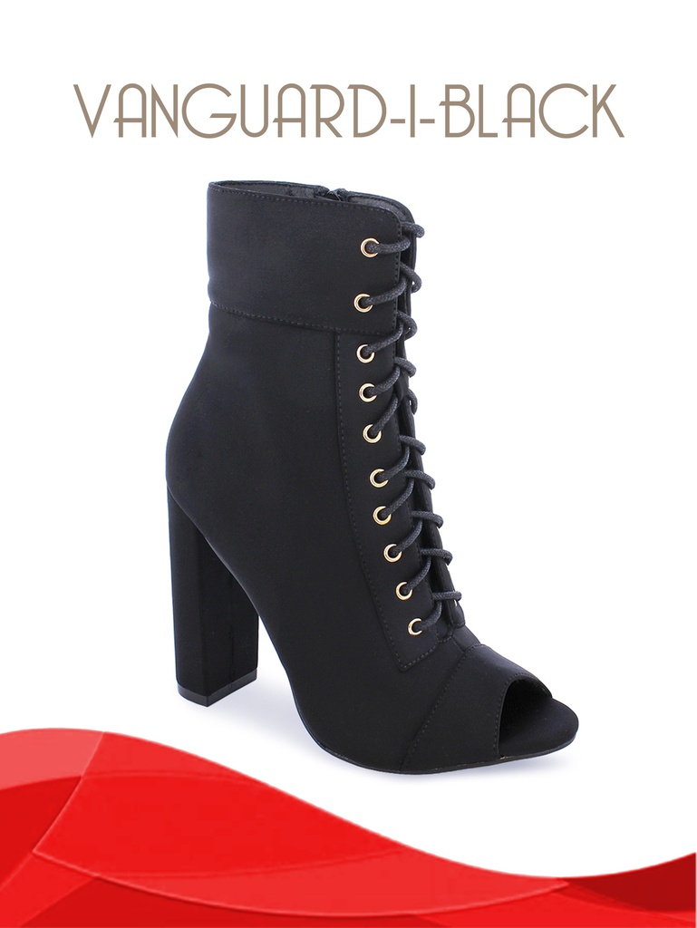 Botines Punta Abierta con Cordones y Tacón Grueso Negro para Mujer Vanguard-1 Black