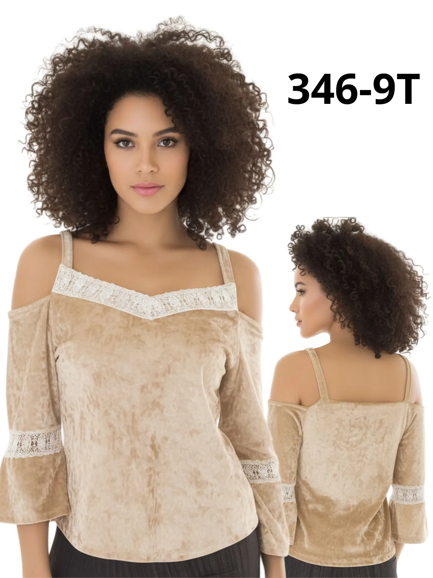 Blusa Hombros Descubiertos con Encaje Beige para Mujer 346-9T