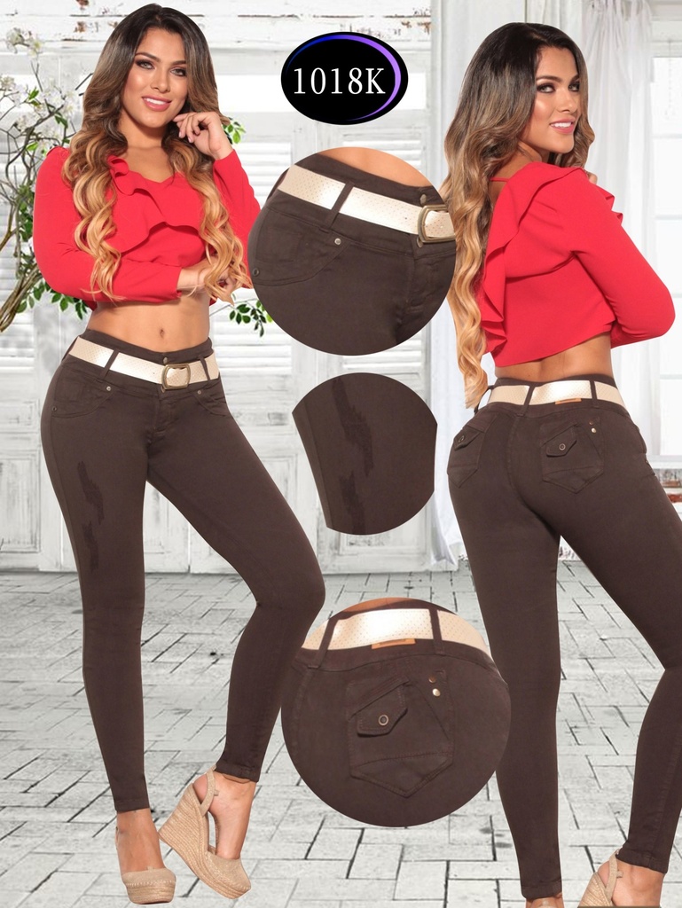 Jeans Levantacola Ajustados Café Chocolate para Mujer 1018K