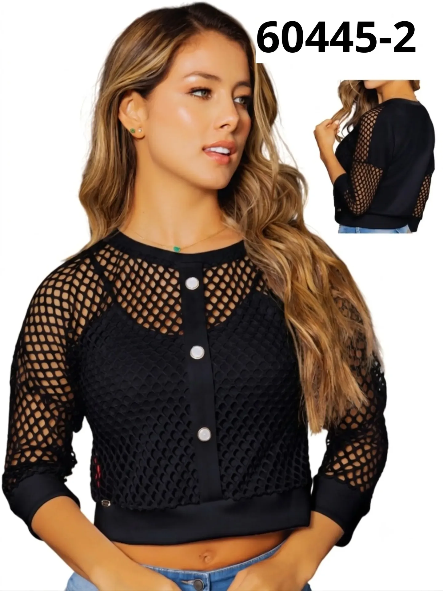 Women's Black Mesh Long-Sleeve Layered Crop Top 60445-2