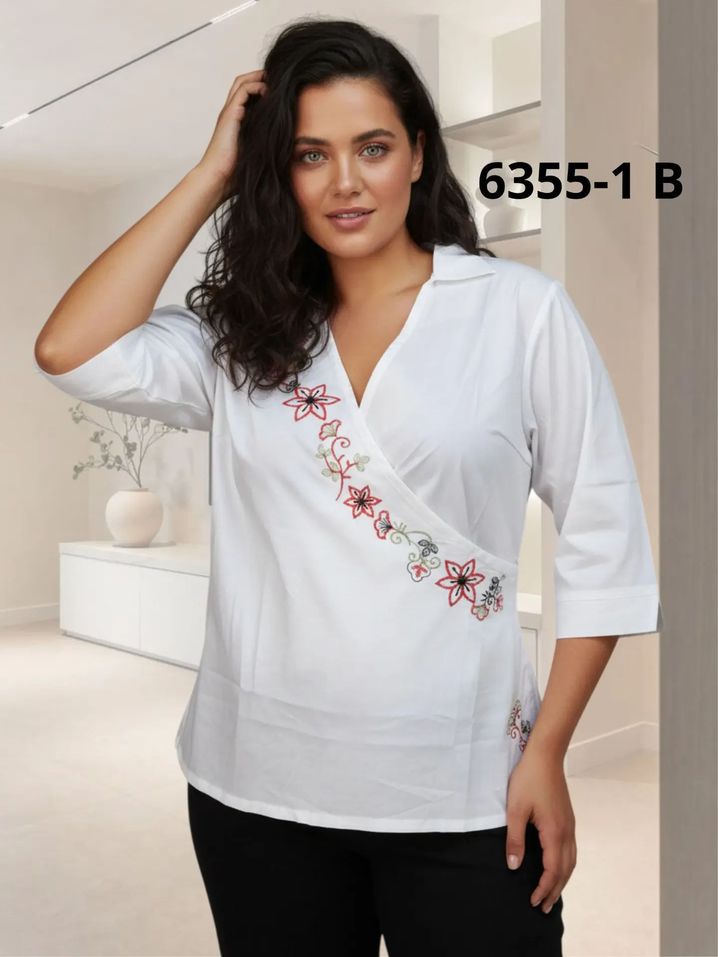 Blusa Talla Grande Cruzada Bordada Blanco para Mujer 6355-1B
