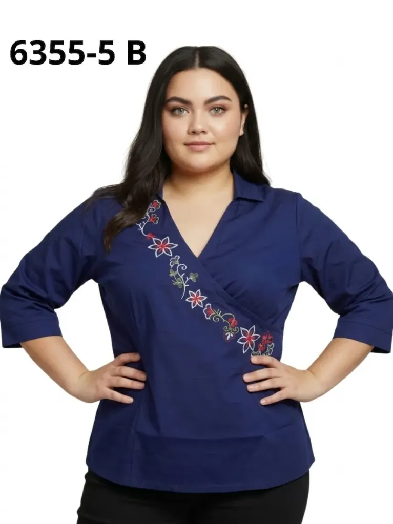Blusa Talla Grande Cruzada Bordada Azul Marino para Mujer 6355-5B