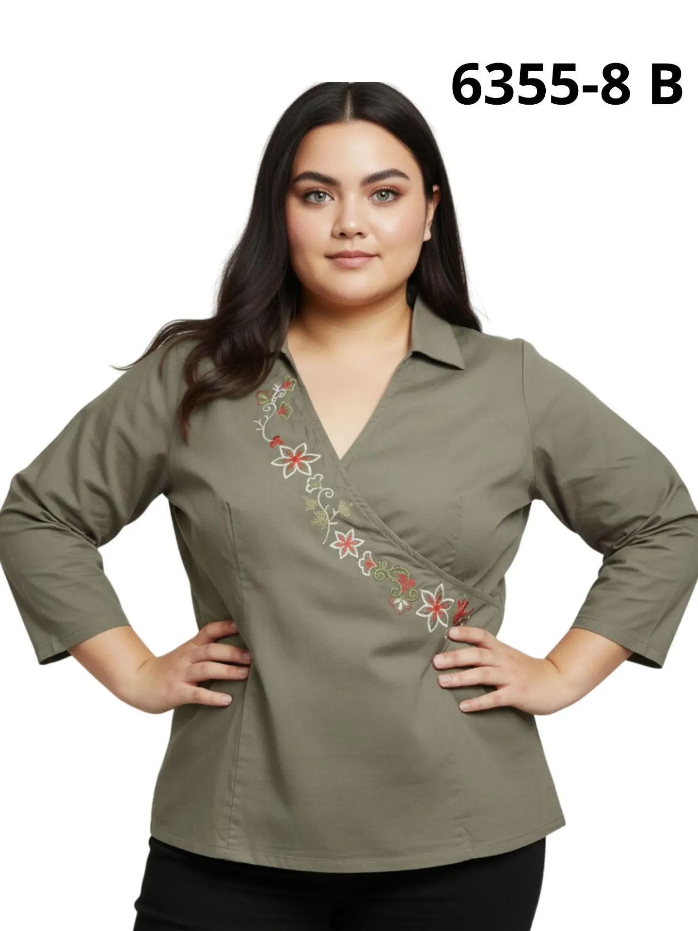 [25063558B14] Women's Olive Green Plus Size Embroidered Wrap Blouse 6355-8B (L)