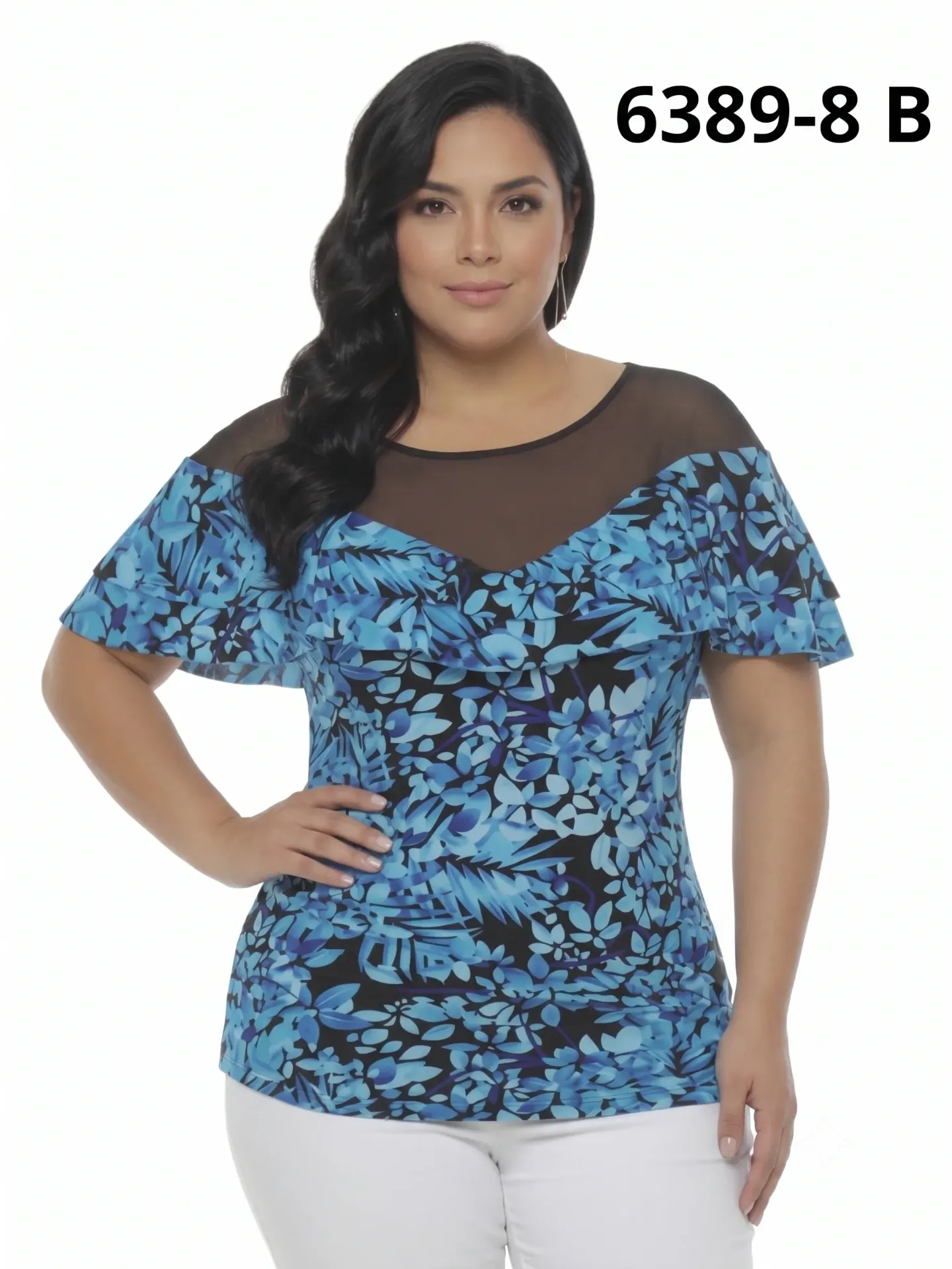 Blusa Talla Grande con Malla en el Escote Estampado Azul para Mujer 6389-8B
