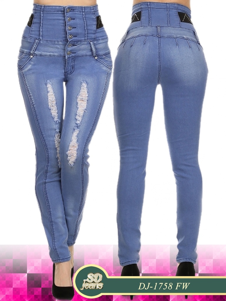 Women's Medium Wash Distressed Corset High Waist Butt Lift Jeans DJ-1758