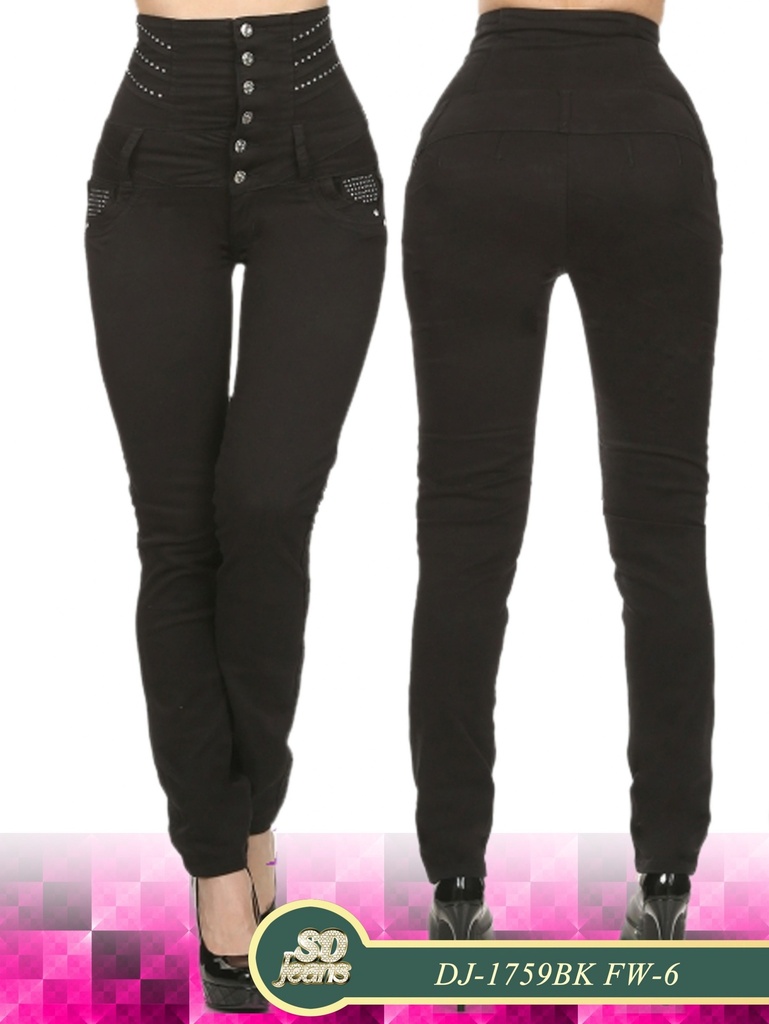 [1081759BK01] Jeans Tiro Alto Corsé Levantacola Negro para Mujer DJ-1759
