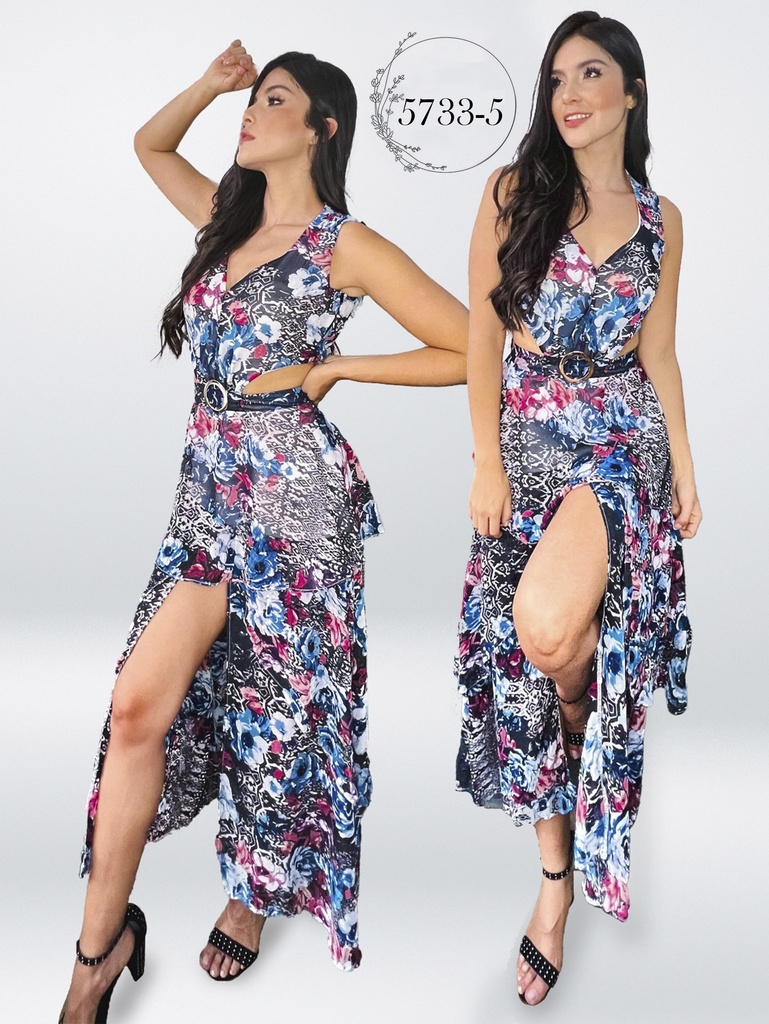 Vestido Largo con Abertura Efecto Conjunto Floral Azul y Rosa para Mujer 5733-5