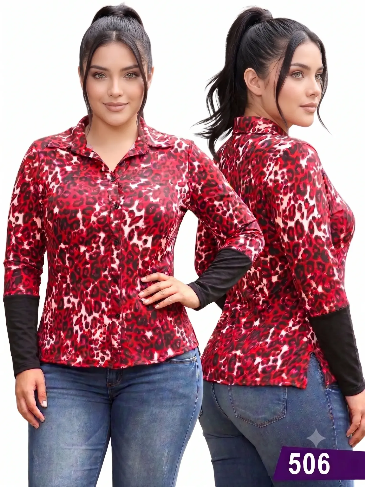 Blusa Abotonada Manga Larga Estampado Rojo para Mujer 506