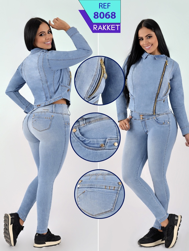 Conjunto de 2 Piezas Chaqueta y Jeans Mezclilla Clara para Mujer 8068