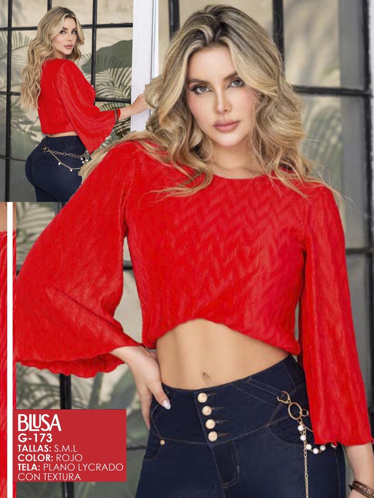 Women's Red Textured Bell-Sleeve Blouse G-173