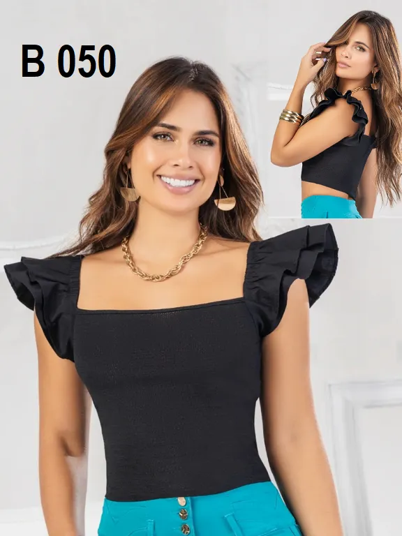 Blusa Escote Cuadrado con Volantes Negro para Mujer B050