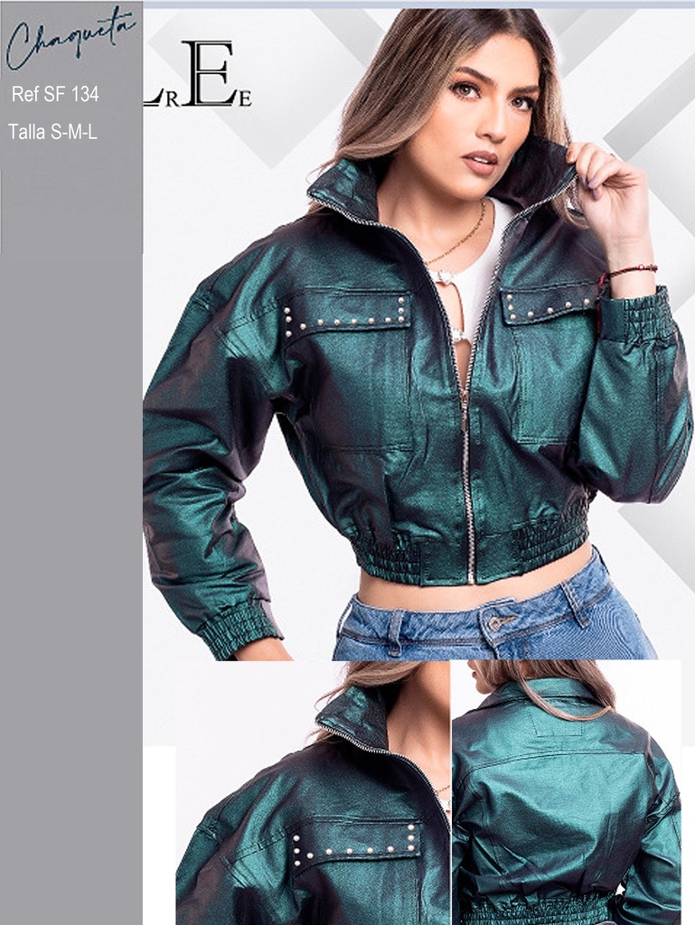 [321SF134M] Women's Emerald Green Metallic Cropped Bomber Jacket 321SF134 (M)