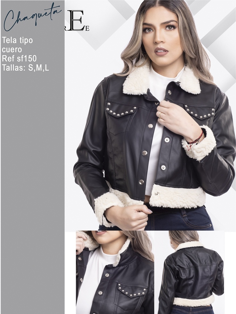 [321SF150S] Women's Black Faux Leather Sherpa Collar Jacket 321SF150 (S)