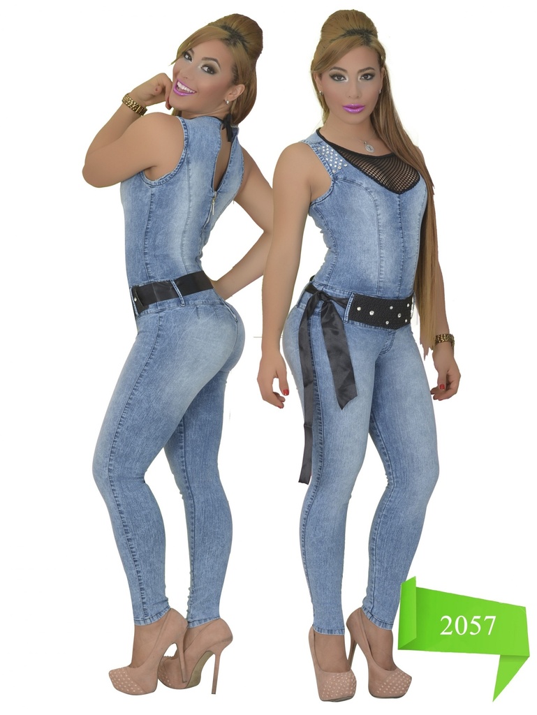 [102205701] Women's Medium Denim Sleeveless Mesh Back Belted Jumpsuit 2057