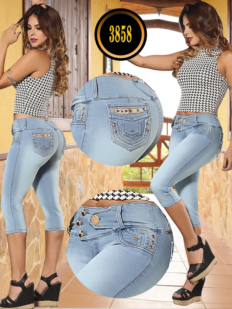 Capri Jean Levantacola Azul Claro con Bolsillos Decorados – Cokette