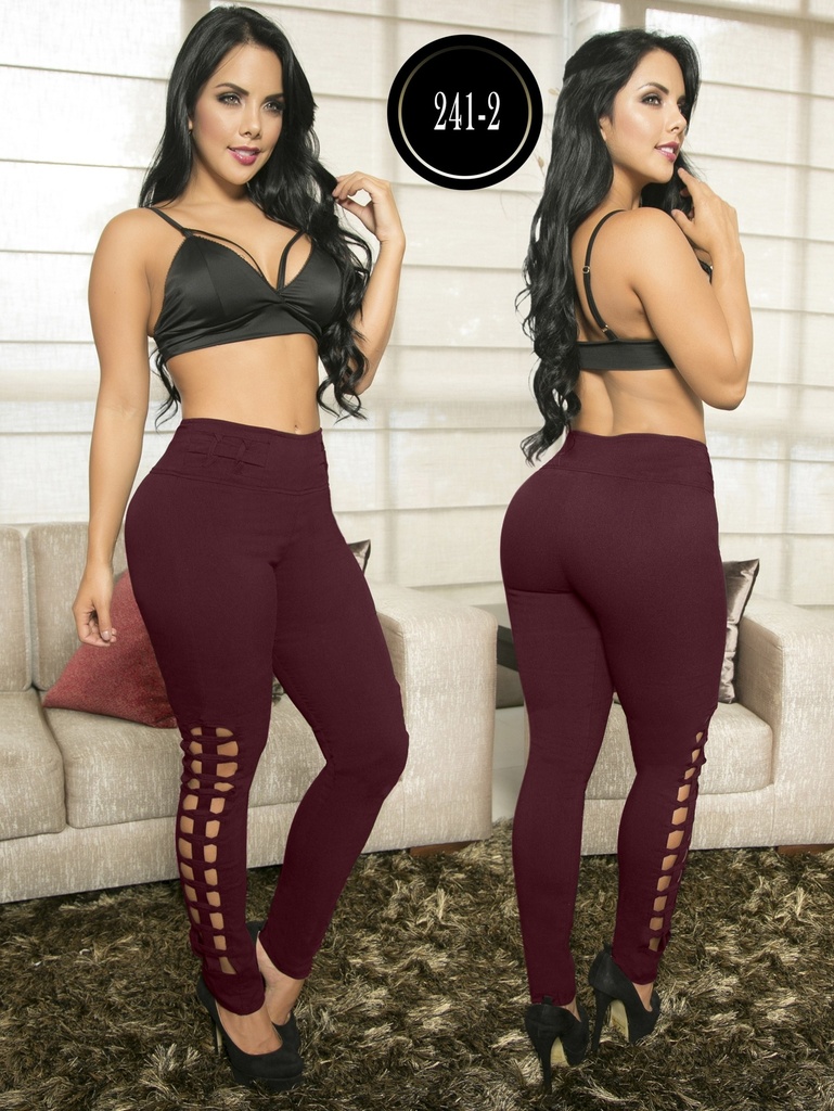 [107241201] Pantalón Cómodo Vinotinto con Cordones Laterales para Mujer – Thaxx Skinny Tiro Alto