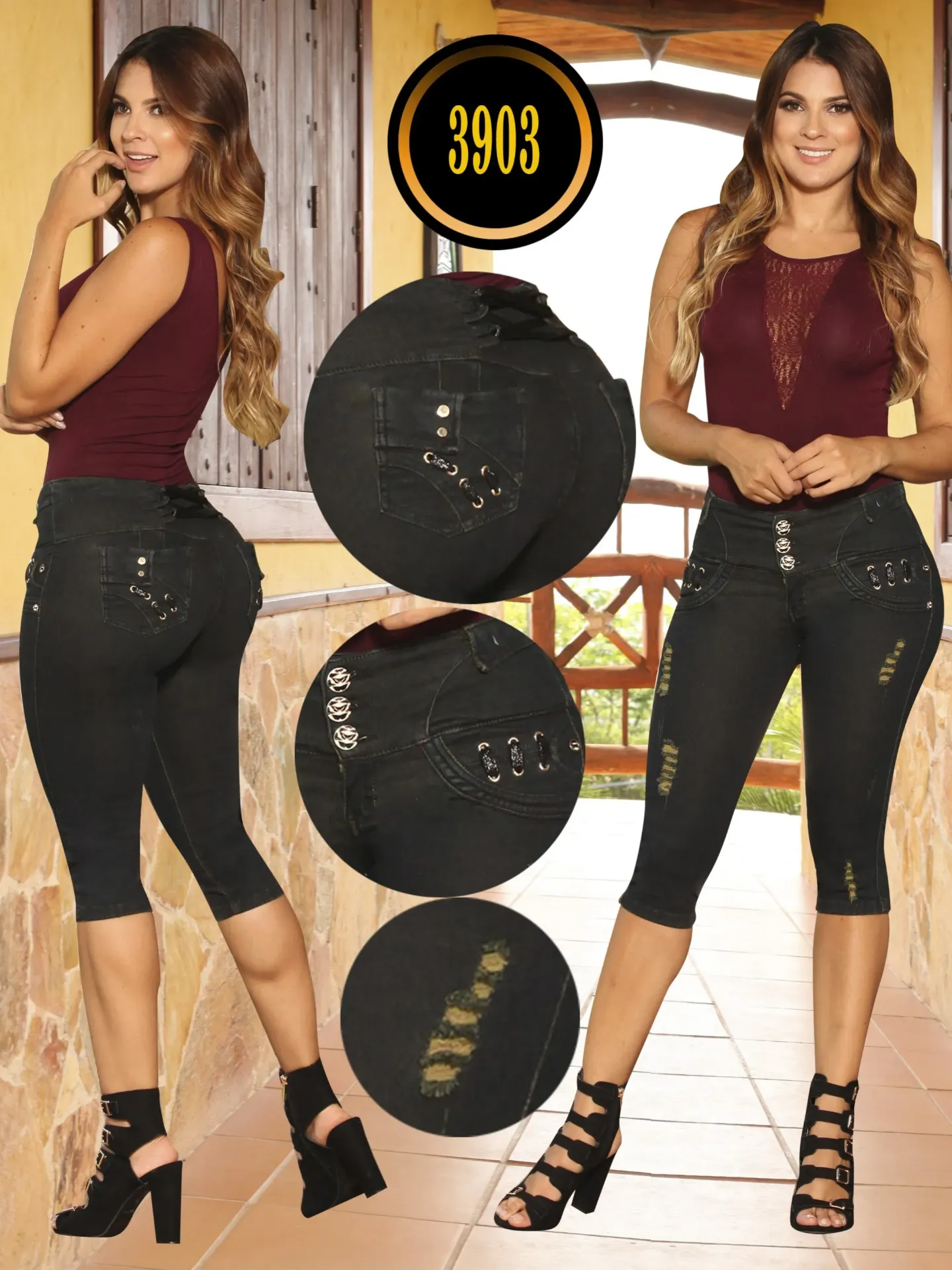 Women's Black Butt-Lifting Capri Jeans with Gold Button Pockets – Cokette