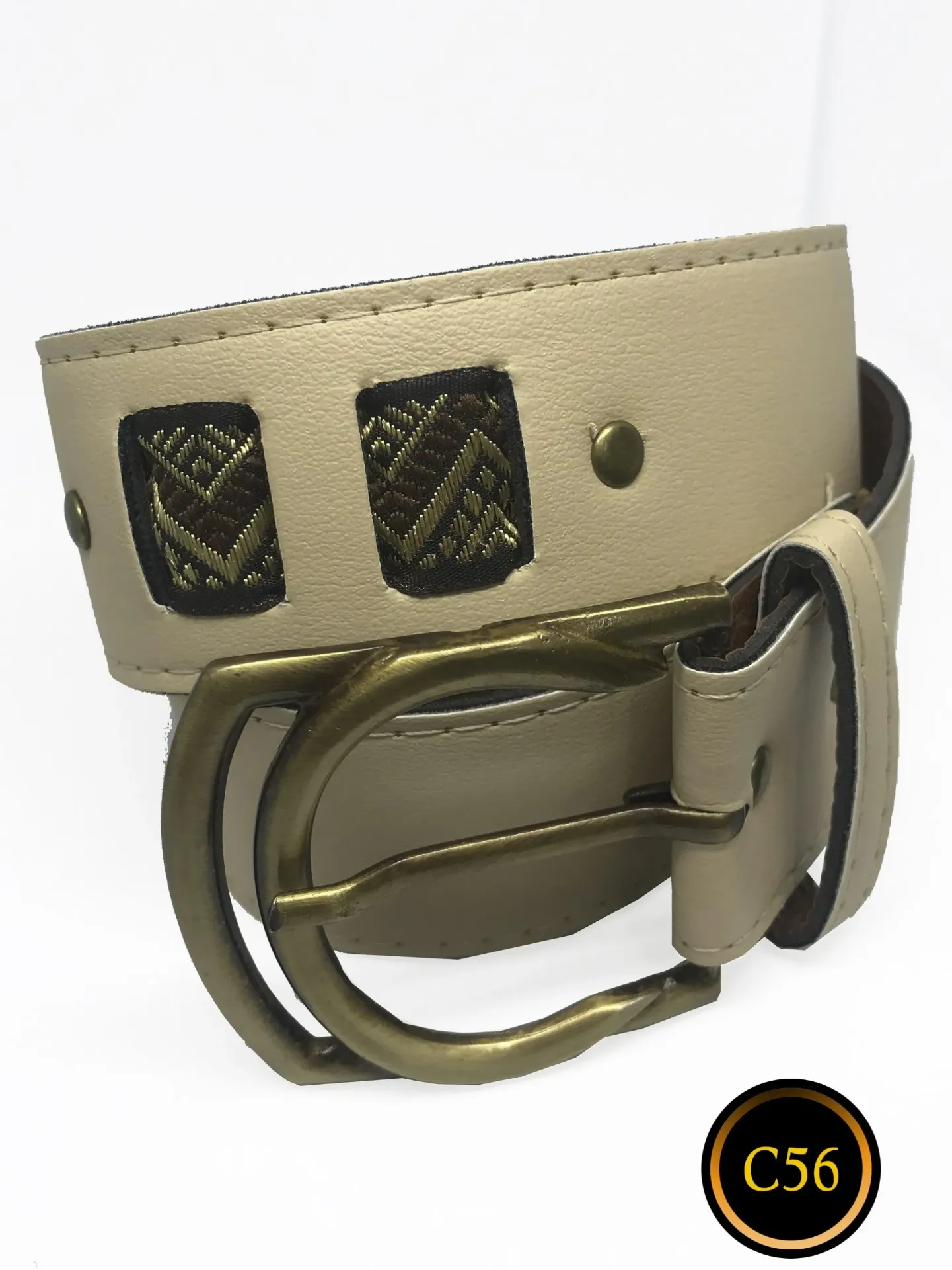 Women's Beige Studded Leather Belt with Antique Brass Buckle – C56