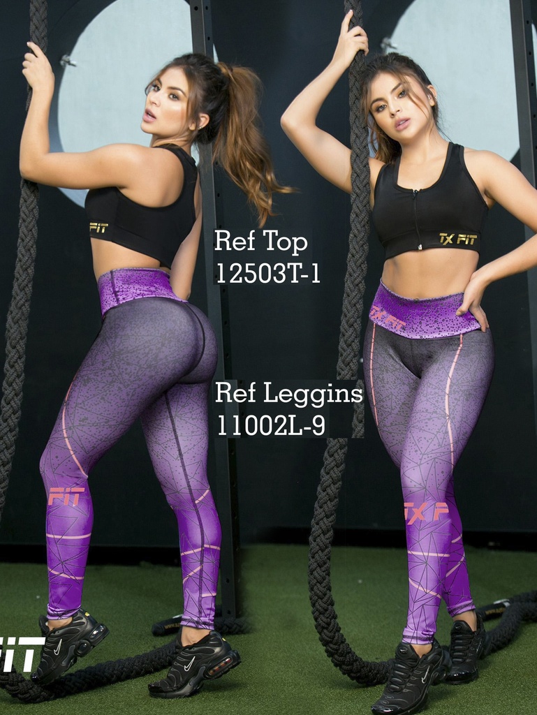 [10711002L9XL] Conjunto Deportivo Thaxx Morado Estampado – Top y Leggings Tiro Alto para Mujer