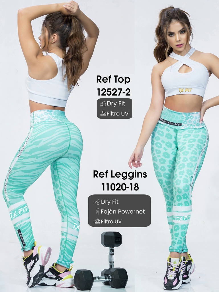 [10711020L18XL] Conjunto Deportivo Thaxx Verde Menta Estampado – Top con Abertura y Leggings para Mujer