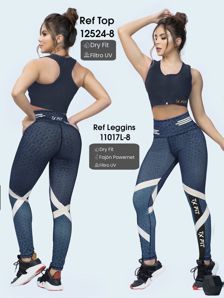 [10711017L8XL] Conjunto Deportivo Thaxx Azul Marino – Top y Leggings con Franjas para Mujer