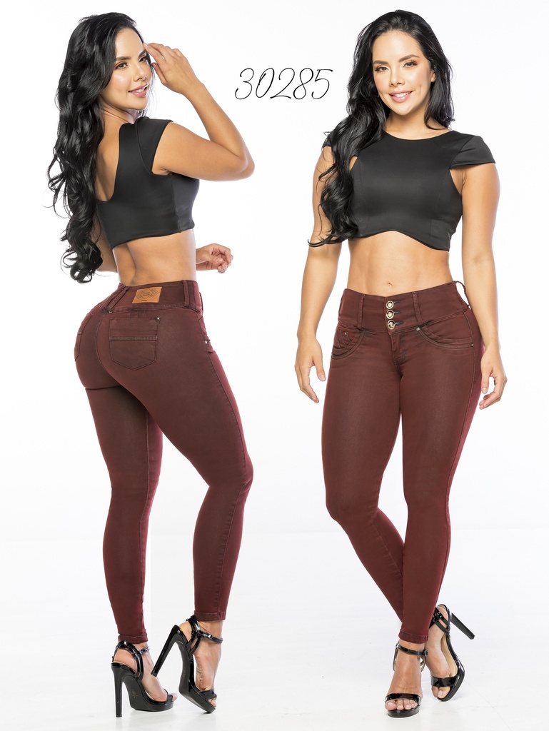 Women's Wine Red Butt-Lifting Skinny Jeans with Button Front