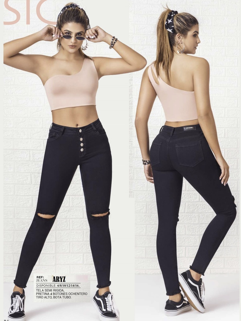 Jeans Levantacola Skinny Negros con Rodillas Rasgadas y Botones