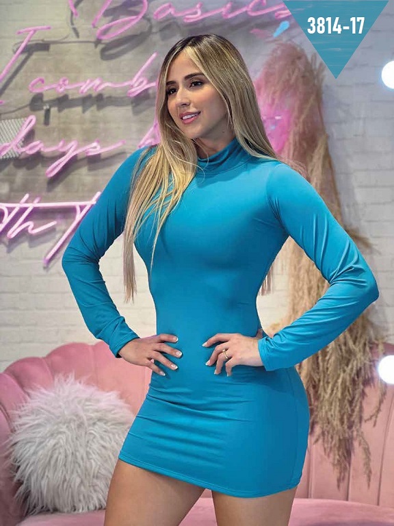 Women's Teal Turtleneck Long-Sleeve Bodycon Mini Dress 3814-17