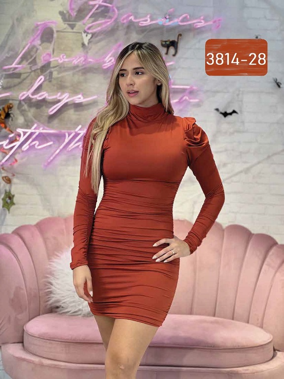 [3503814-28U] Women's Rust Turtleneck Long-Sleeve Bodycon Mini Dress 3814-26