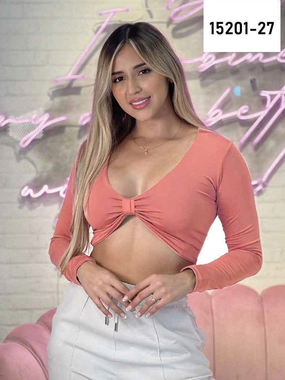 Crop Top Cruzado Manga Larga Coral para Mujer 15201-27