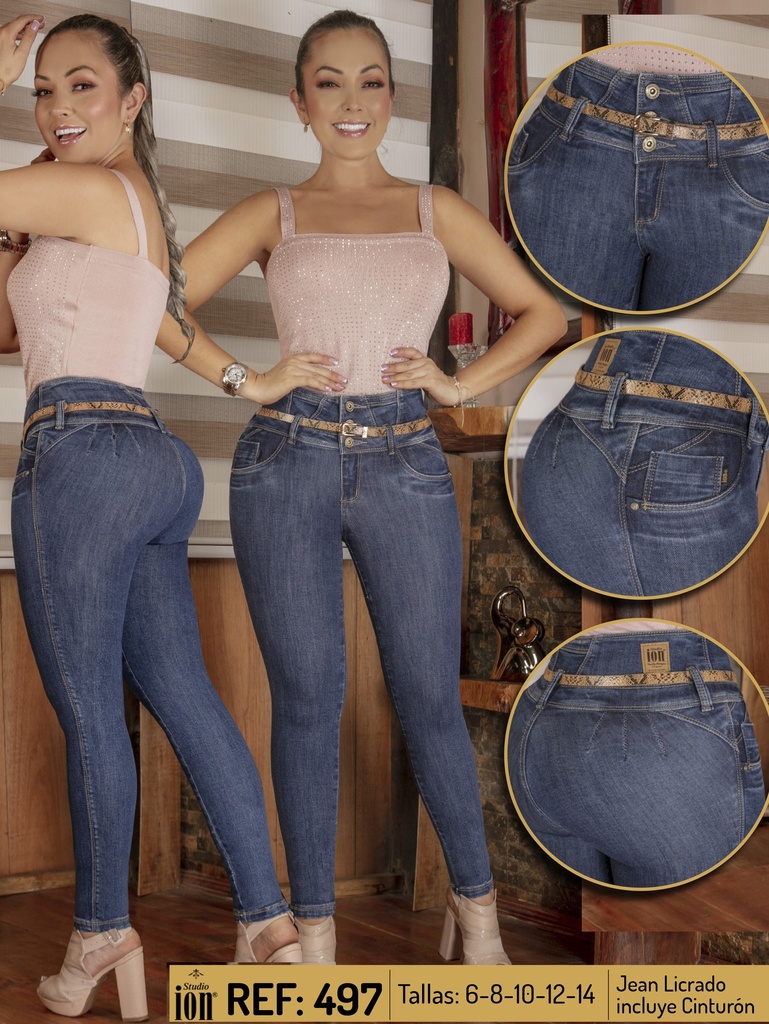 [34249705] Women's Medium Wash Butt-Lifting Skinny Jeans with Embellished Pockets