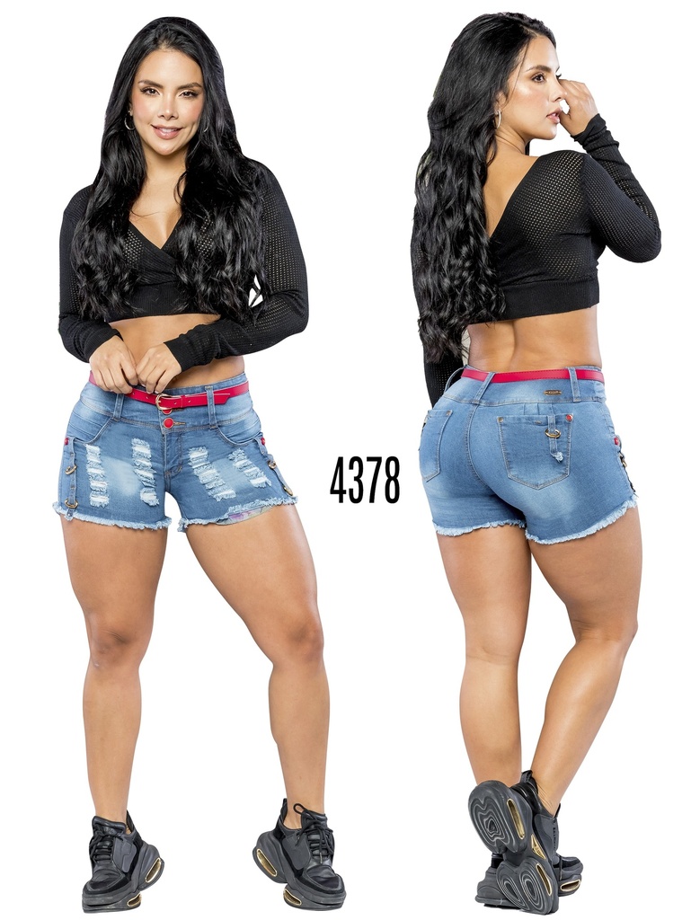 [267437801] Short Levantacola de Jean Azul Medio Rasgado con Bota Deshilachada