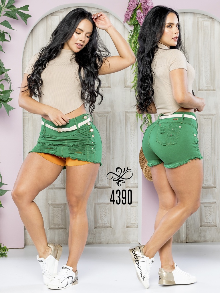 Falda Short Levantacola de Jean Verde con Bota Deshilachada