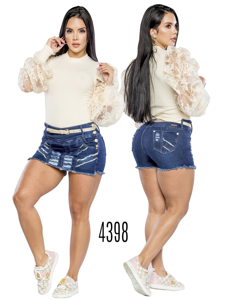 Falda Short Levantacola de Jean Azul Índigo Desgastada con Bota Deshilachada