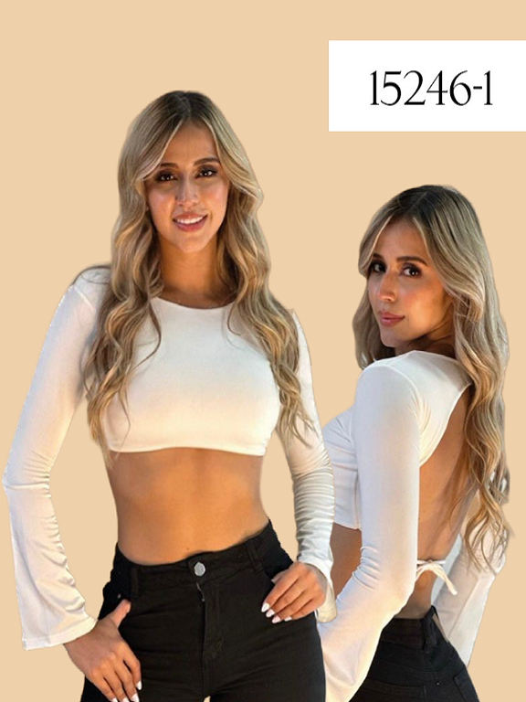 Women's White Open-Back Long-Sleeve Crop Top 15246-1