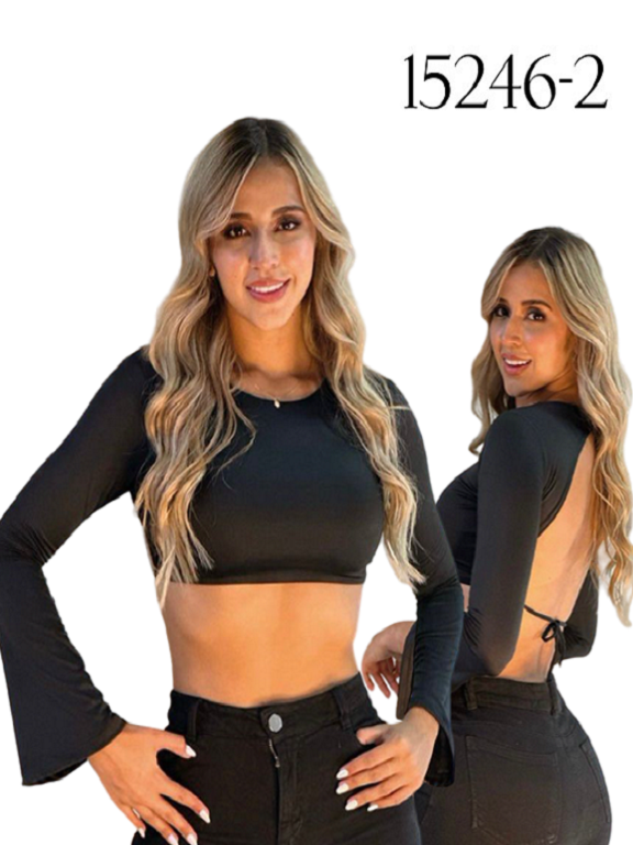 Women's Black Open-Back Long-Sleeve Crop Top 15246-2