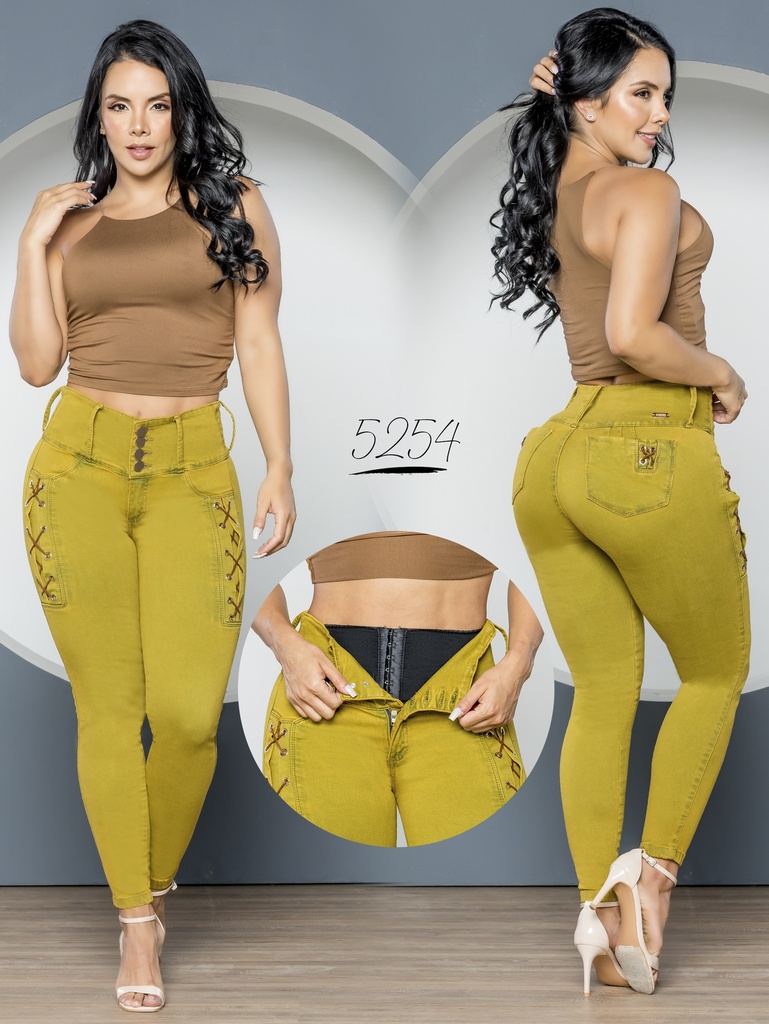 Women's Khaki Mustard Butt-Lifting Skinny Jeans with Built-In Girdle