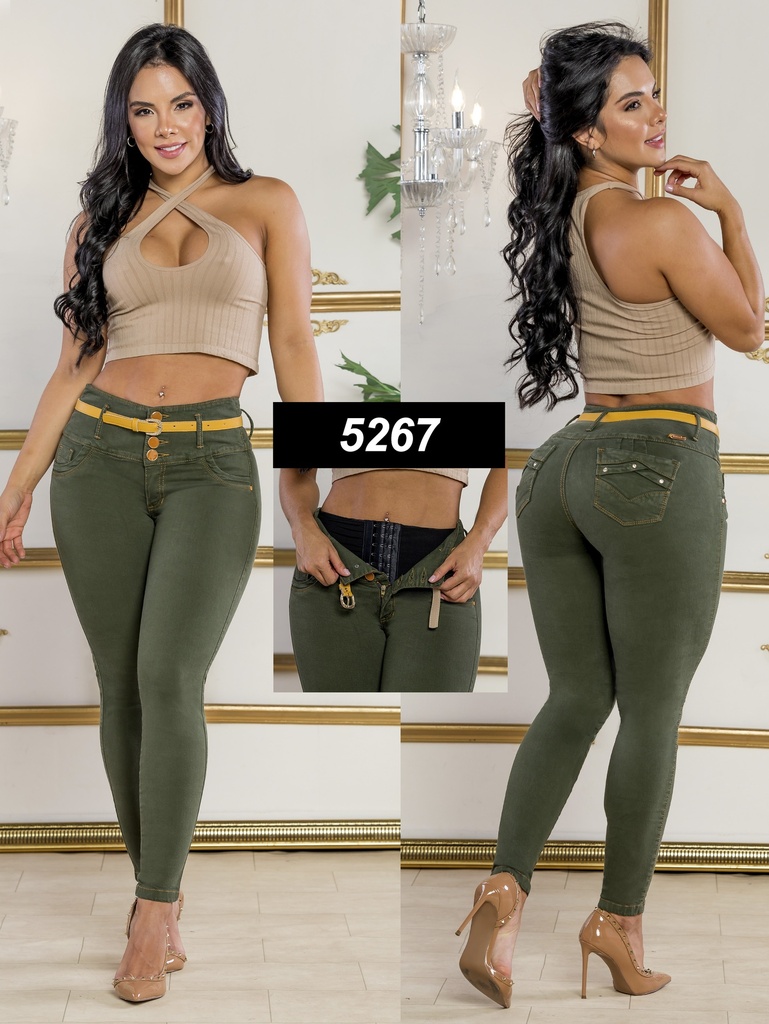 [2675267S05] Women's Olive Green Butt-Lifting Skinny Jeans with Built-In Girdle