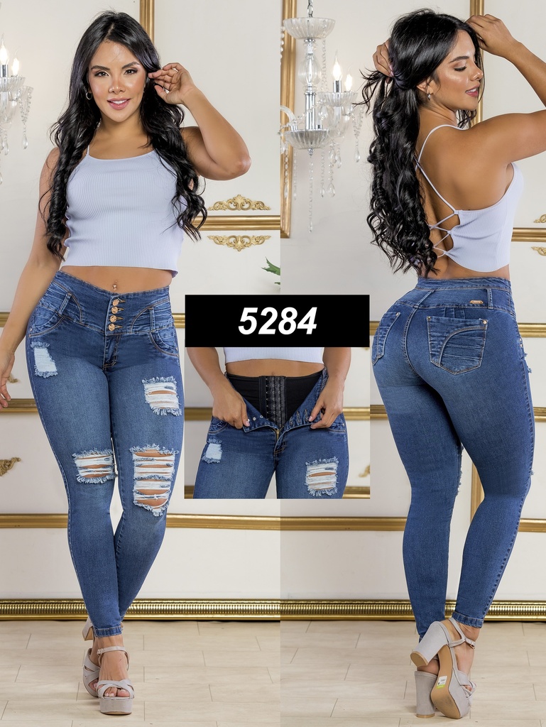 [2675284S05] Women's Medium Wash Distressed Butt-Lifting Skinny Jeans with Built-In Girdle