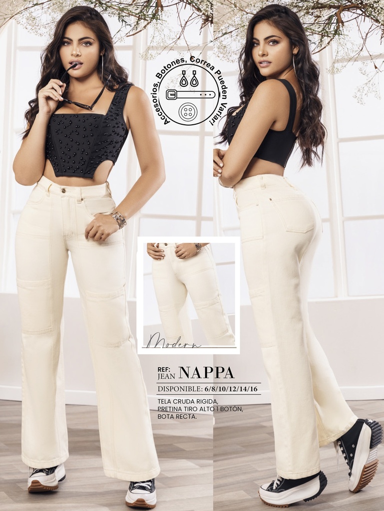 [289NAPPA09] Women's Ecru Cream Wide-Leg Butt-Lifting Jeans