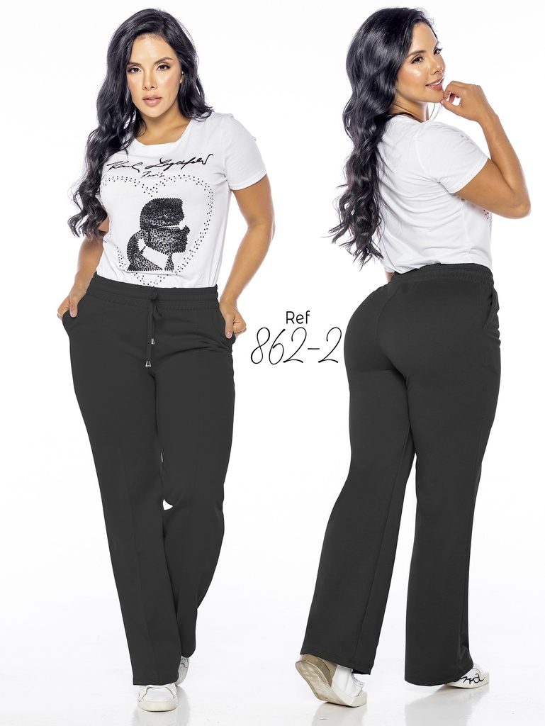 Pantalón Pierna Ancha con Cordón Negro para Mujer 862-2