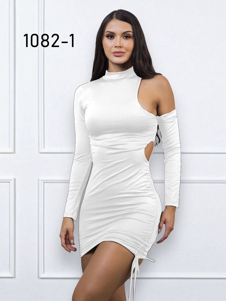 [27610821] Women's White Mock-Neck Cold-Shoulder Ruched Bodycon Mini Dress
