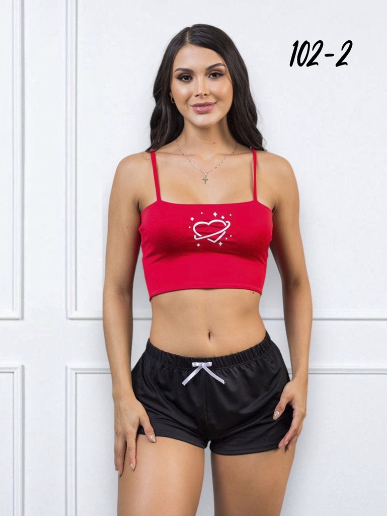 [2761022L] Women's Red Tank and Black Shorts Two-Piece Pajama Set