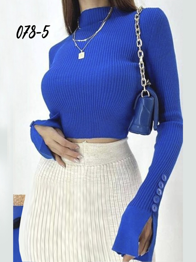 Women's Royal Blue Ribbed Turtleneck Cropped Sweater with Button Cuffs – Style 073-5