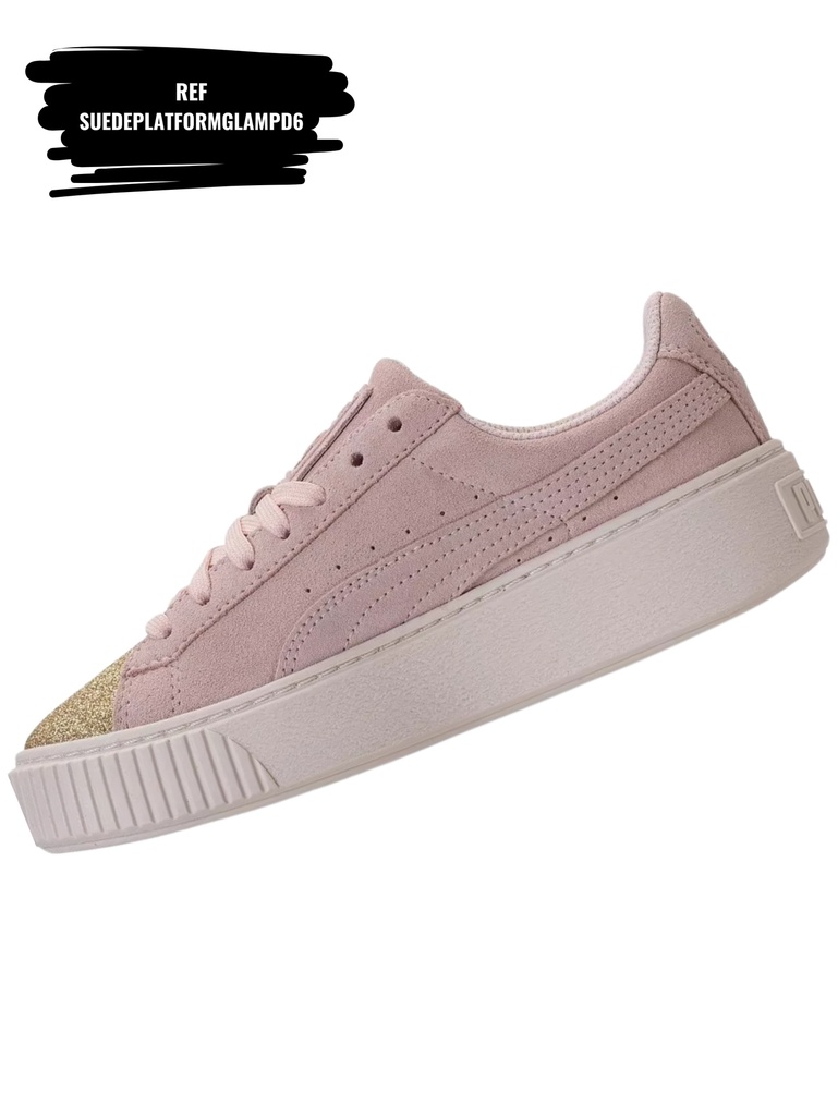 [263SUEDEPLATFORMGLAMPD6-5.5] Women's Pink Suede Platform Sneakers with Gold Toe Cap