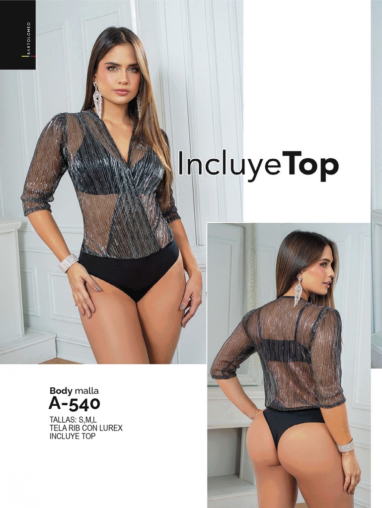 Body Negro de Malla Transparente con Manga Larga