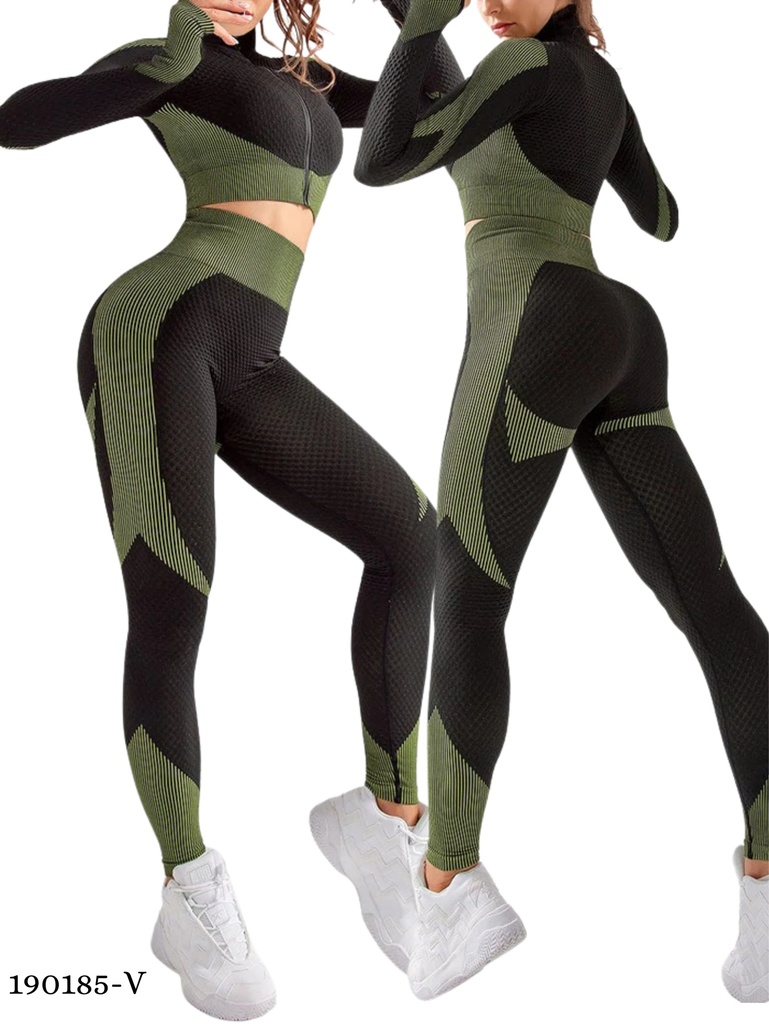 [386190185VS] Conjunto Deportivo Chaqueta y Leggings Verde Oliva y Negro para Mujer 190185-V