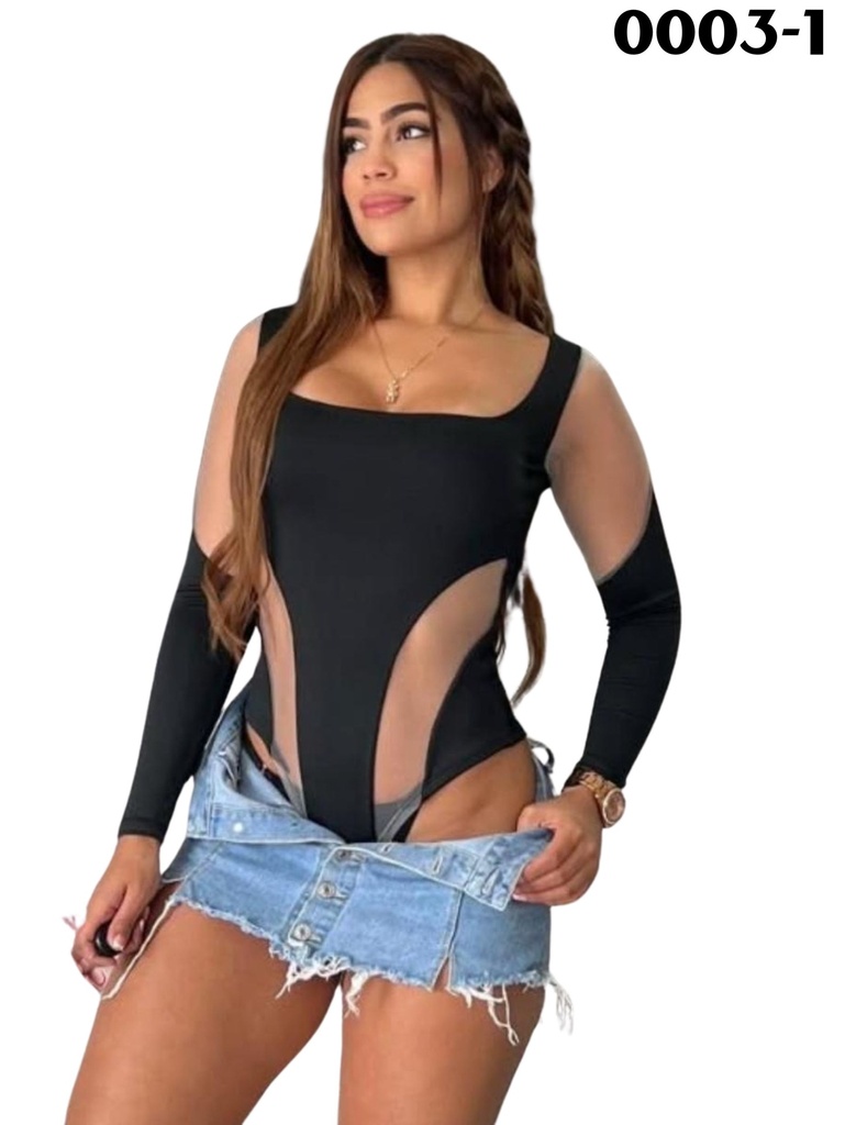 Body Colombiano con Aberturas y Malla – Manga Larga, Negro